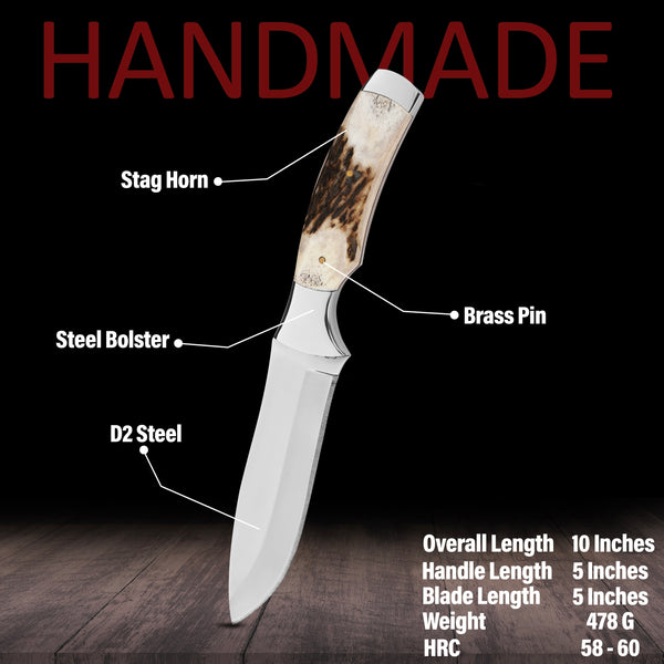 D2 Steel Bushcraft Knife: Mirror Polish Blade, Stag Handle