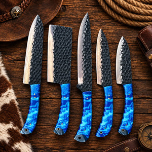 Five-piece 1095 carbon steel knife set with hammered blades and blue resin handles