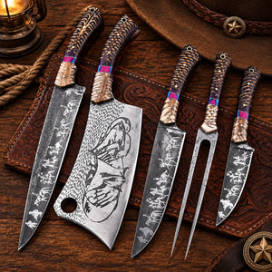 Five-piece etched BBQ and chef knife set with purple pine cone resin handles