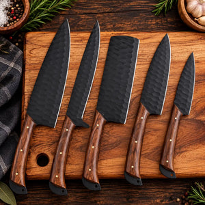 Five-piece hammered black chef knife set with wood handles and brass pins