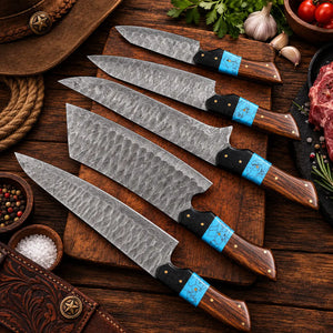 Five-piece hammered Damascus chef knife set with rosewood and turquoise inlay handles