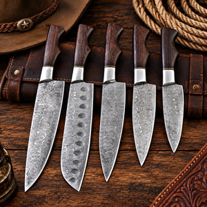 Raindrop Damascus chef knife set of five with wenge wood handles on a leather roll