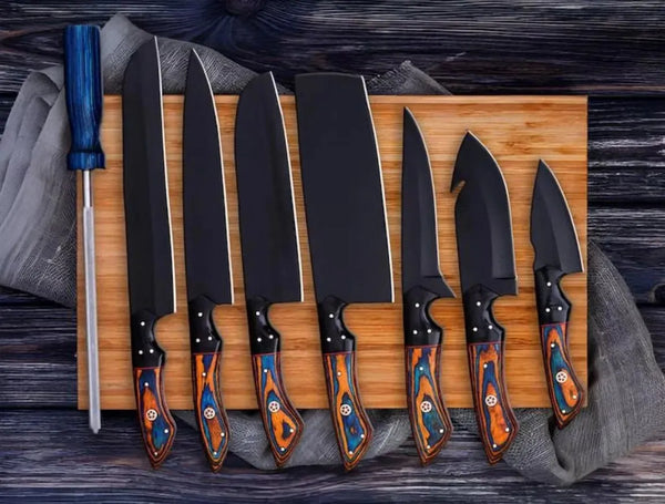 Premium 8-piece J2 steel knife set with durable Pakkawood handles