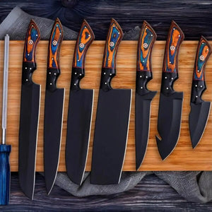 J2 steel kitchen set featuring a sharpening rod and Pakkawood handles