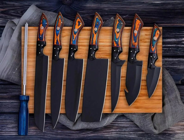 J2 steel kitchen set featuring a sharpening rod and Pakkawood handles