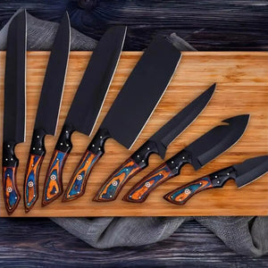 8-piece J2 steel kitchen knife set with sharpening rod and Pakkawood handles