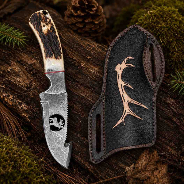 Handmade 8-inch Damascus gut hook hunting knife with a wire-cutting notch, running animal medallion inlay, and cast pine cone resin handle.