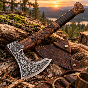 Bearded Viking hatchet featuring an engraved steel head