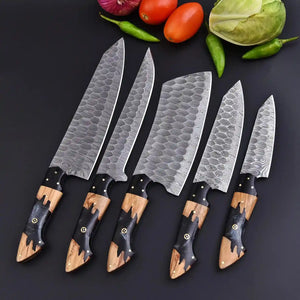 Damascus kitchen knife set with black pearl resin and ash wood handles