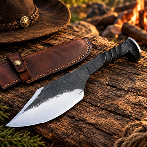 A handmade fixed-blade knife with a textured dark handle and polished silver blade, displayed on a rustic wooden log next to its brown leather sheath.