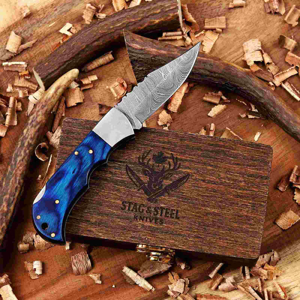 Blue Pakka Wood Damascus Folding Knife for Everyday Carry with engravung