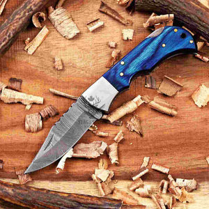 Blue Pakka Wood Damascus Folding Knife for Everyday Carry
