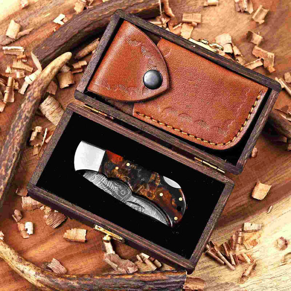 Brown Resin Damascus Pocket Knife Handmade Folding EDC with Gift Box