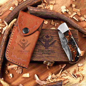 Brown Resin Damascus Pocket Knife Handmade Folding EDC with Gift Box