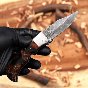 Brown Resin Damascus Pocket Knife Handmade Folding EDC with Gift Box..