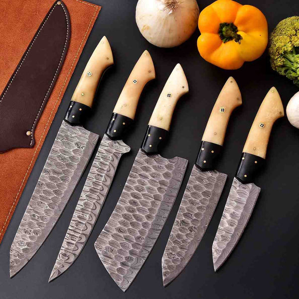 Carbon Damascus kitchen knife set with polished camel bone and horn handles