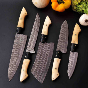 Carbon Damascus kitchen knife set with camel bone and bull horn handles