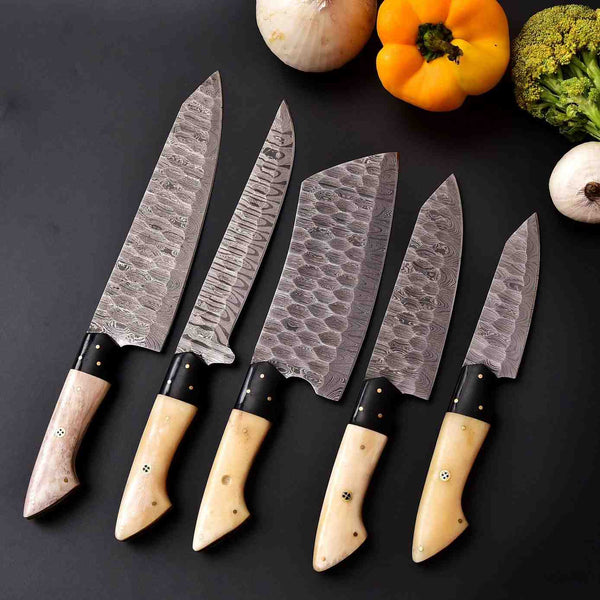 Handmade Carbon Damascus kitchen set with camel bone handles