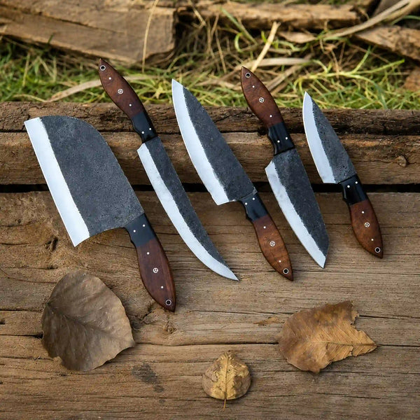 Rustic Carbon Steel Kitchen Knives with Rosewood Handles