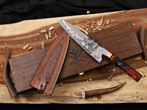 8″ Copper Damascus Gyuto Chef Knife with sheath and wooden box