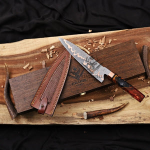 8″ Copper Damascus Gyuto Chef Knife with sheath and wooden box