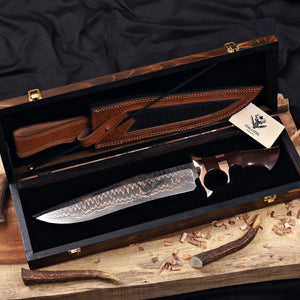 Copper Damascus Bowie Knife with double copper guard in wooden display box and leather sheath.