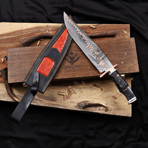 Premium Cu-Mai Copper Damascus Bowie knife featuring a striking raindrop pattern, copper guard, and textured dark handle with custom leather sheath