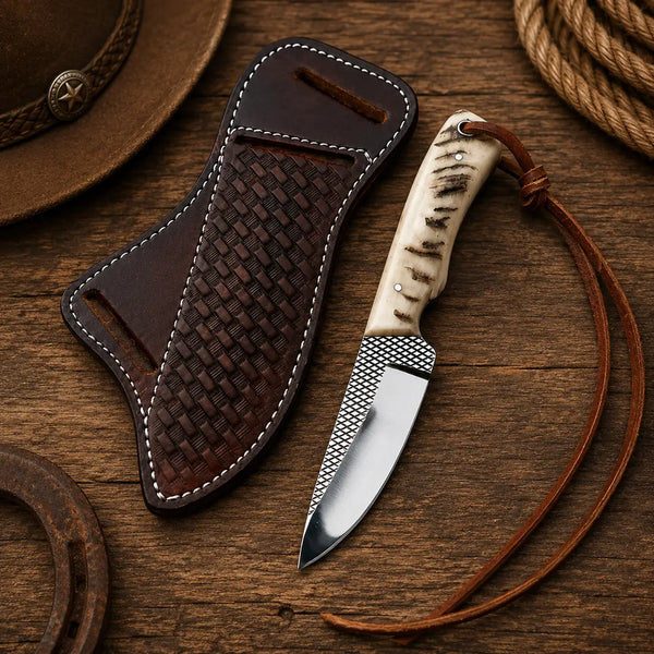 Cream sheep horn handle of farrier rasp skinner held in working grip, showing natural contour, smooth polish, comfortable secure handling, and practical ranch-ready positioning