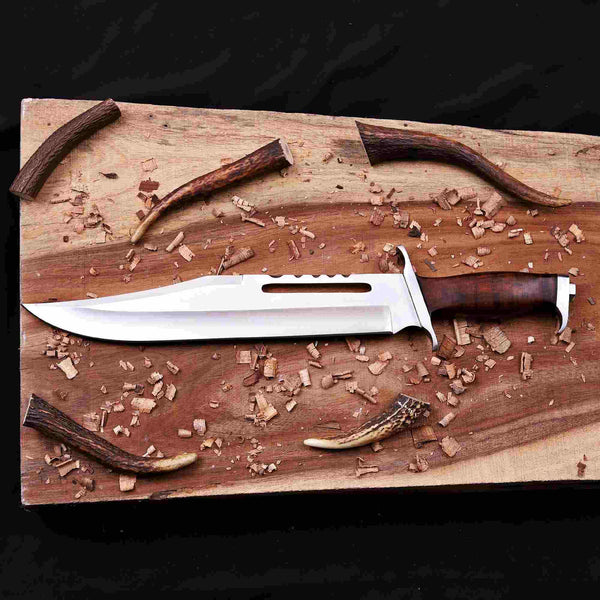 Hand-forged Rambo III D2 bowie knife with rosewood handle overview