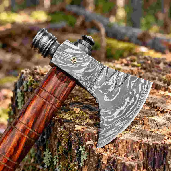 Custom Damascus steel hatchet with leather sheath, 18 inch