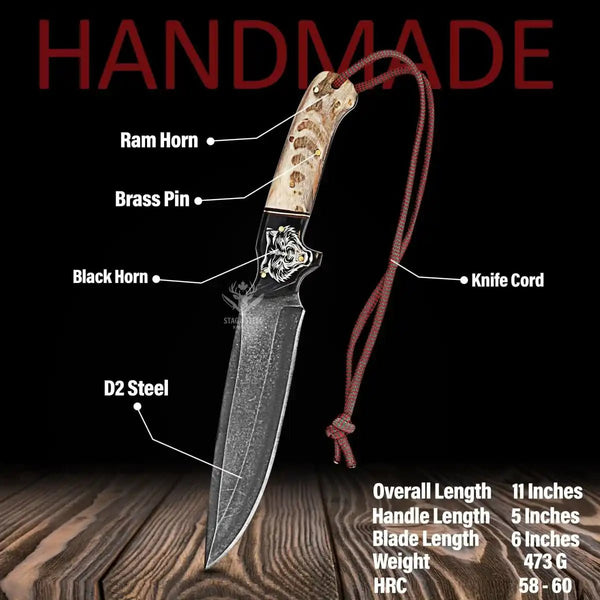 Custom hunting knife made from D2 steel with wolf engraving