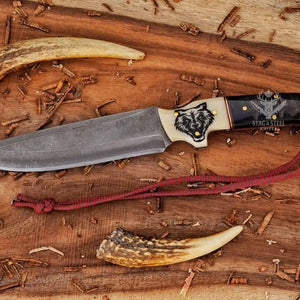 D2 hunting knife fixed blade with detailed wolf engraving