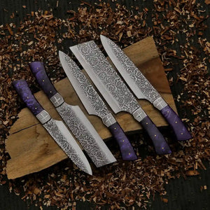 Premium Damascus-style J2 knives with elegant purple resin handles