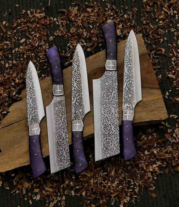 Damascus-style J2 kitchen knife set with purple resin handles