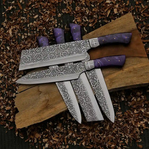 Handmade Damascus-style J2 kitchen knife set with purple resin handles