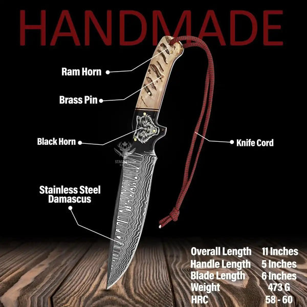 Damascus hunter knife ideal for outdoor hunting and camping use