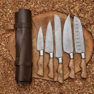 Five Damascus Kitchen Knives with Natural Ash Wood Handles