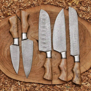 Damascus Bread Knife Set 5 Piece  Ash Wood Handle