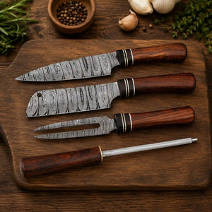 Damascus Carving Knife & Fork Set 4 Piece  Rosewood