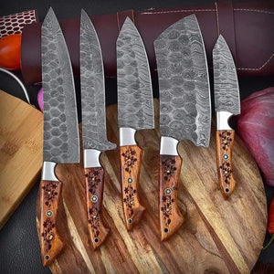 Damascus Chef Knife Set 5 Piece  Rosewood Handle