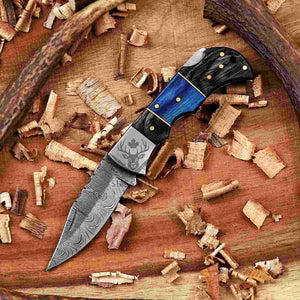 Blue & Black Damascus Folding Knife with Leather Belt Sheath