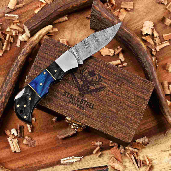 Blue & Black Damascus Folding Knife with Leather Belt Sheath