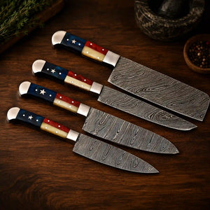 Damascus Cleaver Slicing Chef and Santoku Knife Set