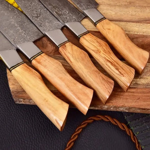 Five Damascus Steel Kitchen Knives with Ash Wood Handles