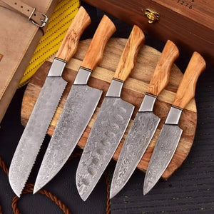 Damascus Kitchen Knife Set 5 Piece  Ash Wood Handle