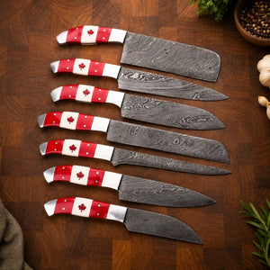 Canada Flag Damascus Knife Set with Maple Leaf Emblems