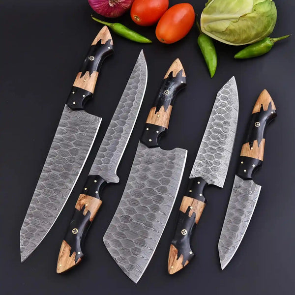 Damascus kitchen knife set with elegant black pearl resin ash wood handles
