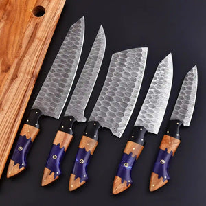 Premium Damascus knife set with purple resin and ash wood handles