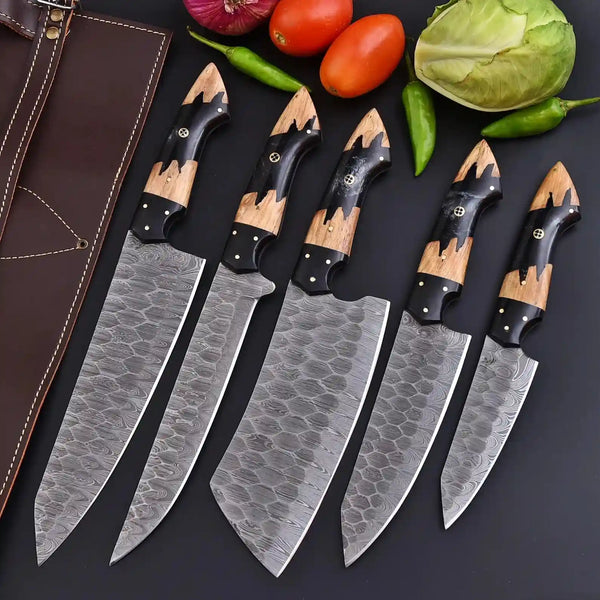 Handmade Damascus knife set featuring black pearl resin ash wood handles
