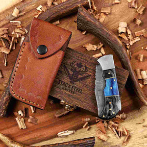 Blue & Black Damascus Folding Knife with Leather Belt Sheath with wooden box